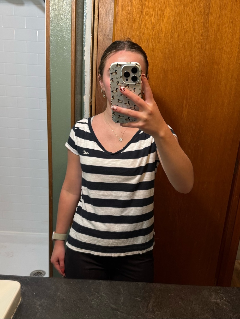 Hollister Black & White Striped V-Neck Short Sleeve Tee XS